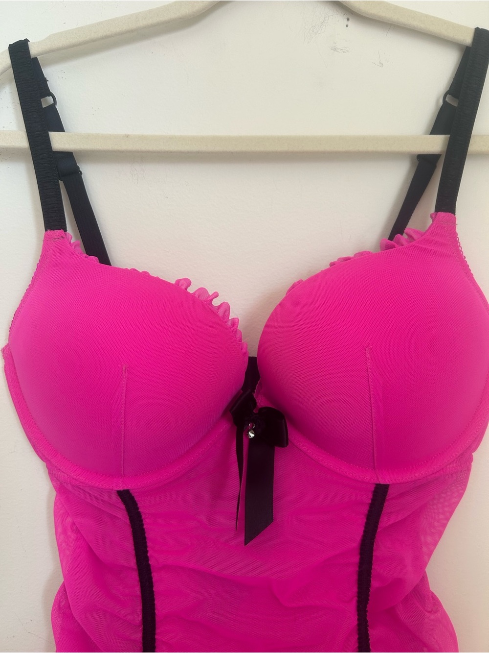 Hot Pink Lace-Trim Bustier Chemise with Black Accents - Picture 4 of 4